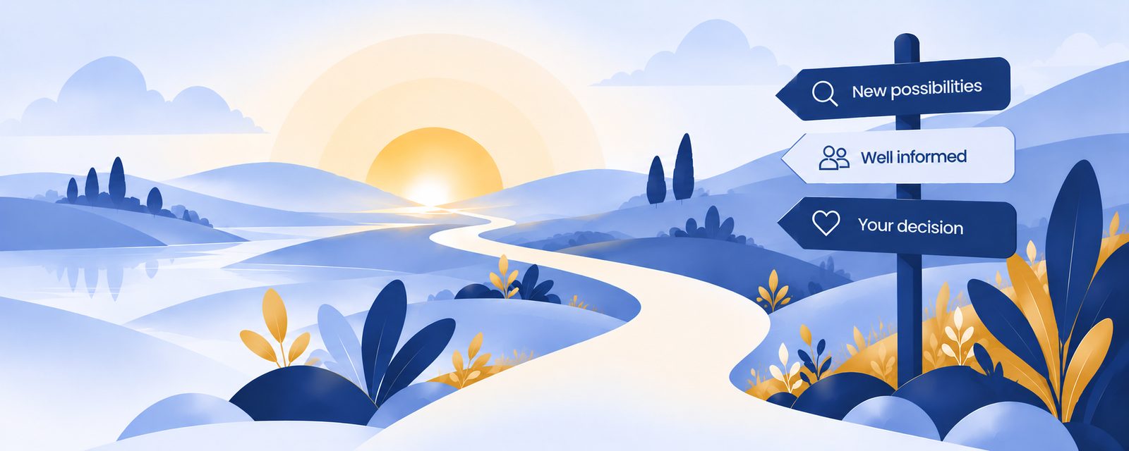 A path through gentle hills at sunrise, with signposts: New possibilities, Well informed, Your decision
